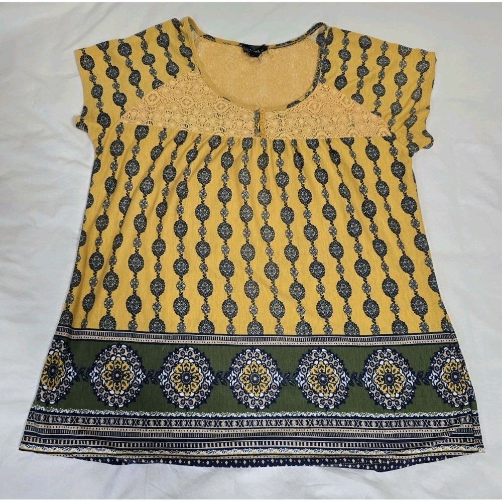Perch By Blu-Pepper Women's 2XL Yellow/Green Short-Sleeve Blouse